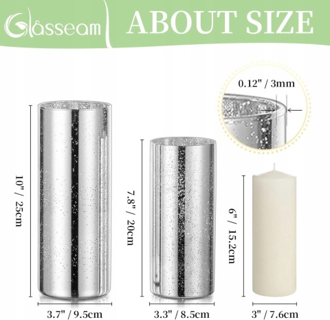 Glasseam SZKLANE WAZONY CYLINDRYCZNE SREBRNE zestaw 2 sztuk dekoracyjne