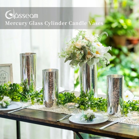 Glasseam SZKLANE WAZONY CYLINDRYCZNE SREBRNE zestaw 2 sztuk dekoracyjne