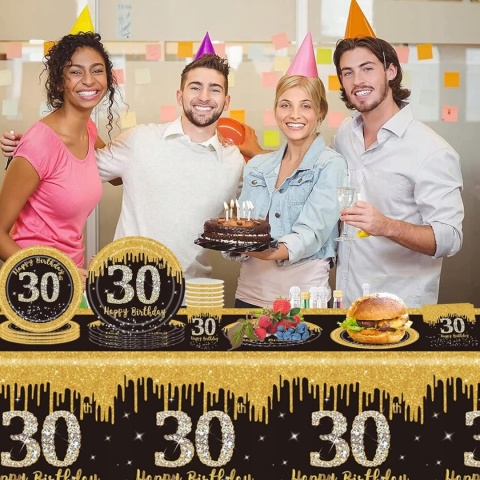 TALERZYKI URODZINOWE 30 LAT JEDNORAZOWE papierowe zestaw 16 sztuk czarne